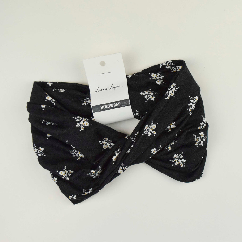 HEAD WRAP - BLACK w/TINY WHITE FLOWERS W/GOLD DOT CENTER