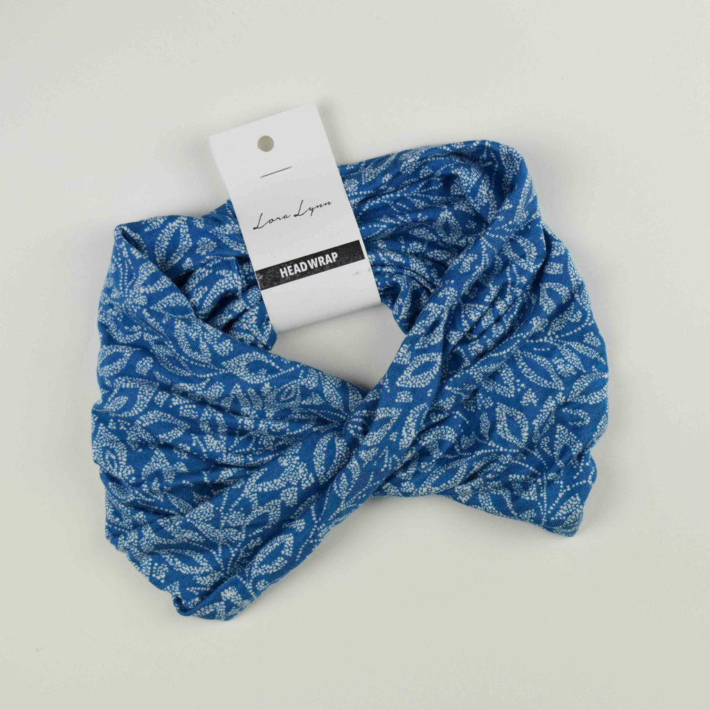 HEAD WRAP - TEAL BLUE LEAF DOT