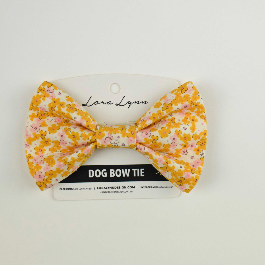 Tiny Pink and Mustard Floral dog bow tie