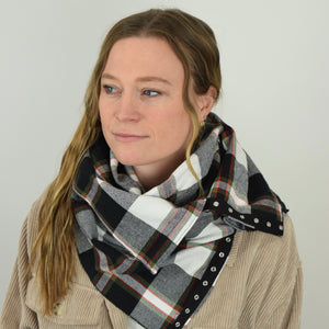 BLACK/WHITE PLAID WITH RED/GREEN STRIPES (infinity) Snap Scarf